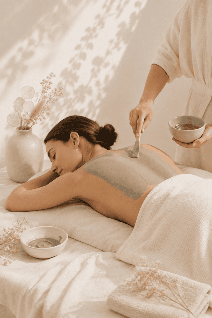 Woman receiving a clay back treatment in a calm spa setting
