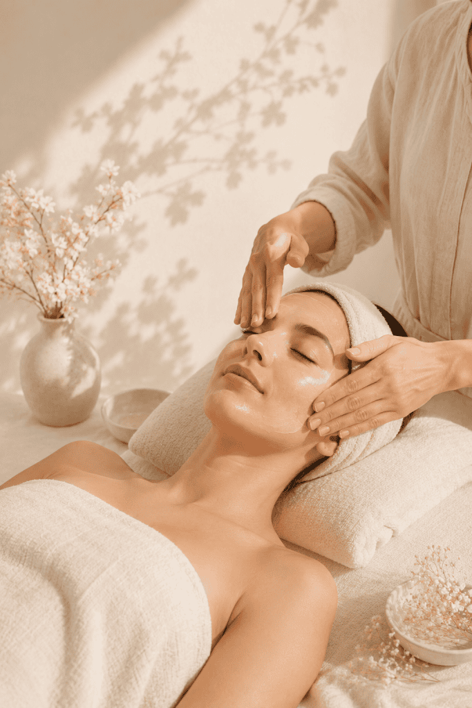 Woman receiving a customised facial treatment in a calm spa setting