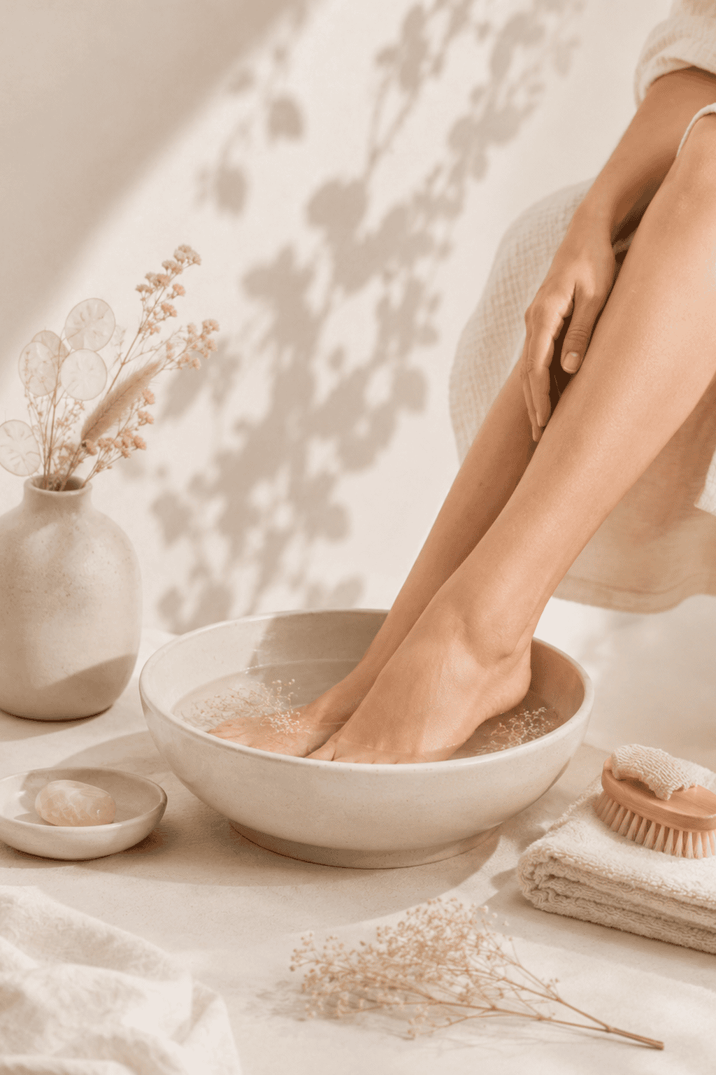Woman enjoying a soothing foot soak and lower leg treatment